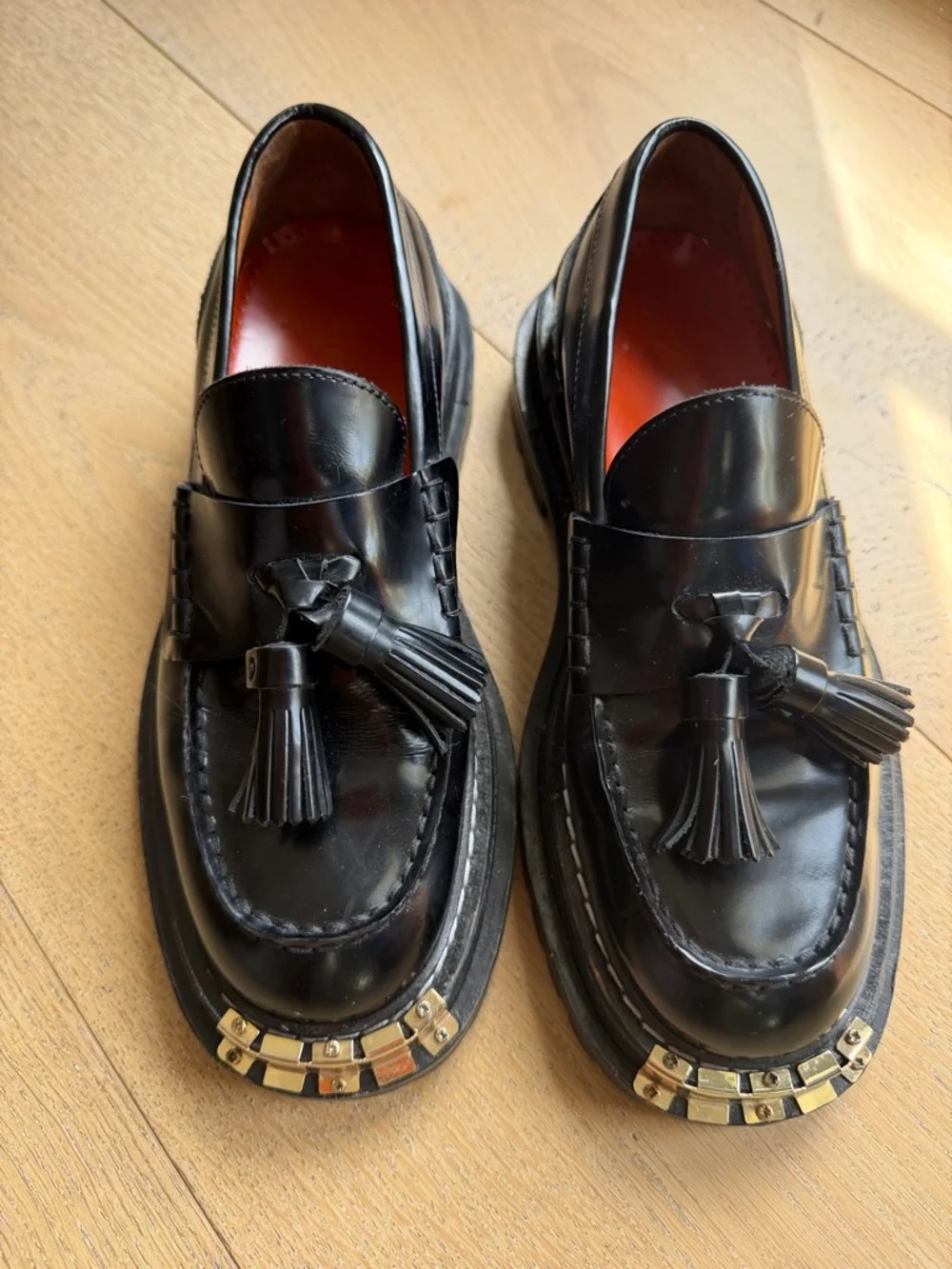 Sandro Black Leather Tassel Loafers with Gold Toe Hardware - Picture 4 of 6